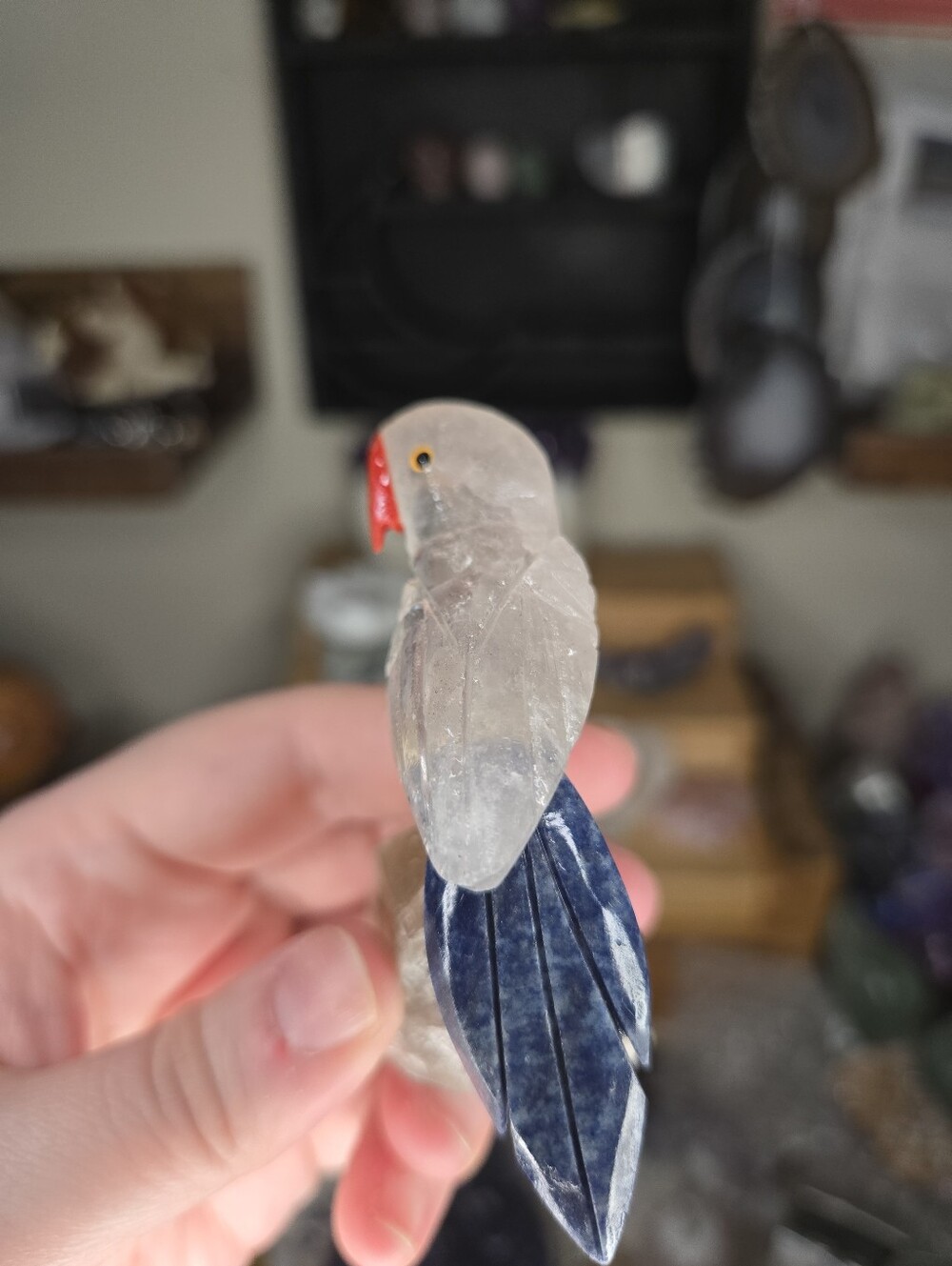 Clear Quartz & Sodalite Parrot Bird Carving On Smoky Quartz Base - Picture 4 of 6